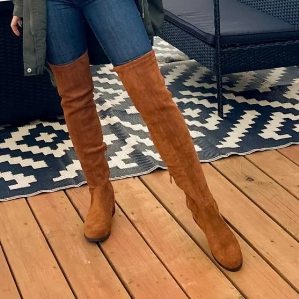 🆕Women's Tan-suede Thigh High Low Block Heel Casual Fashion Over the Knee Boots